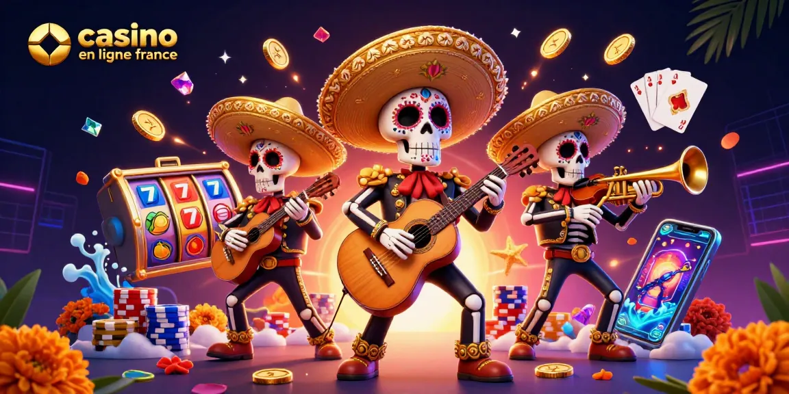 Plongez dans le monde du casino en ligne France avec une illustration captivante de mariachi et de machines à sous.