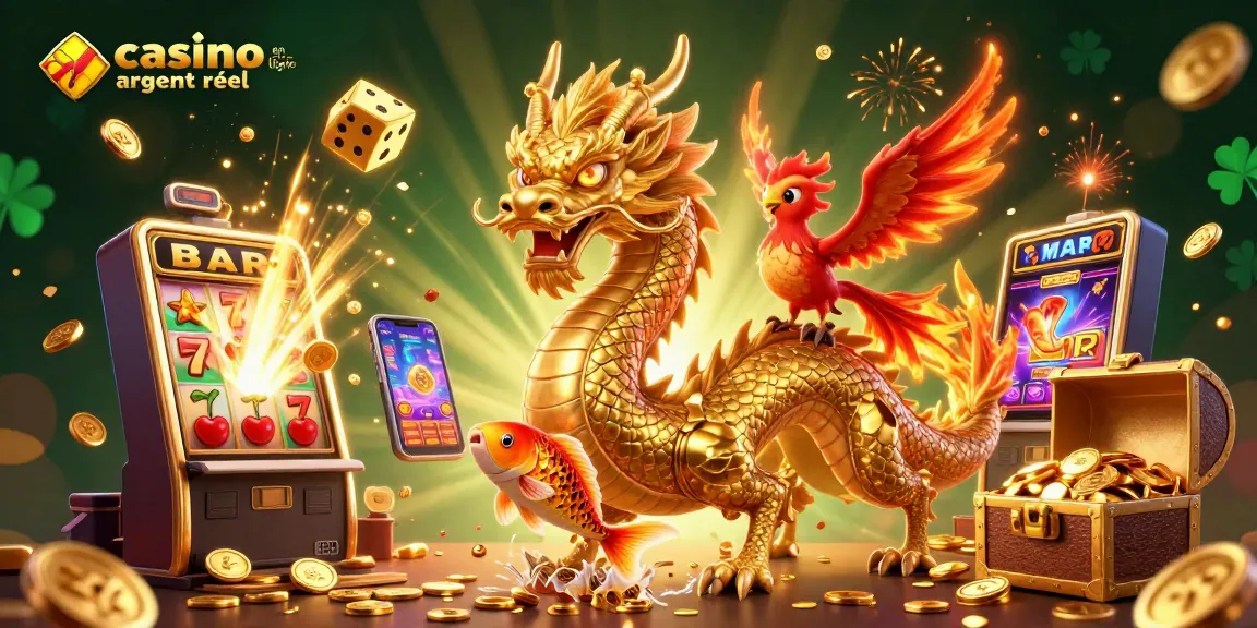 Gagnez avec casino en ligne argent réel, un dragon doré, un phoenix et des machines à sous.