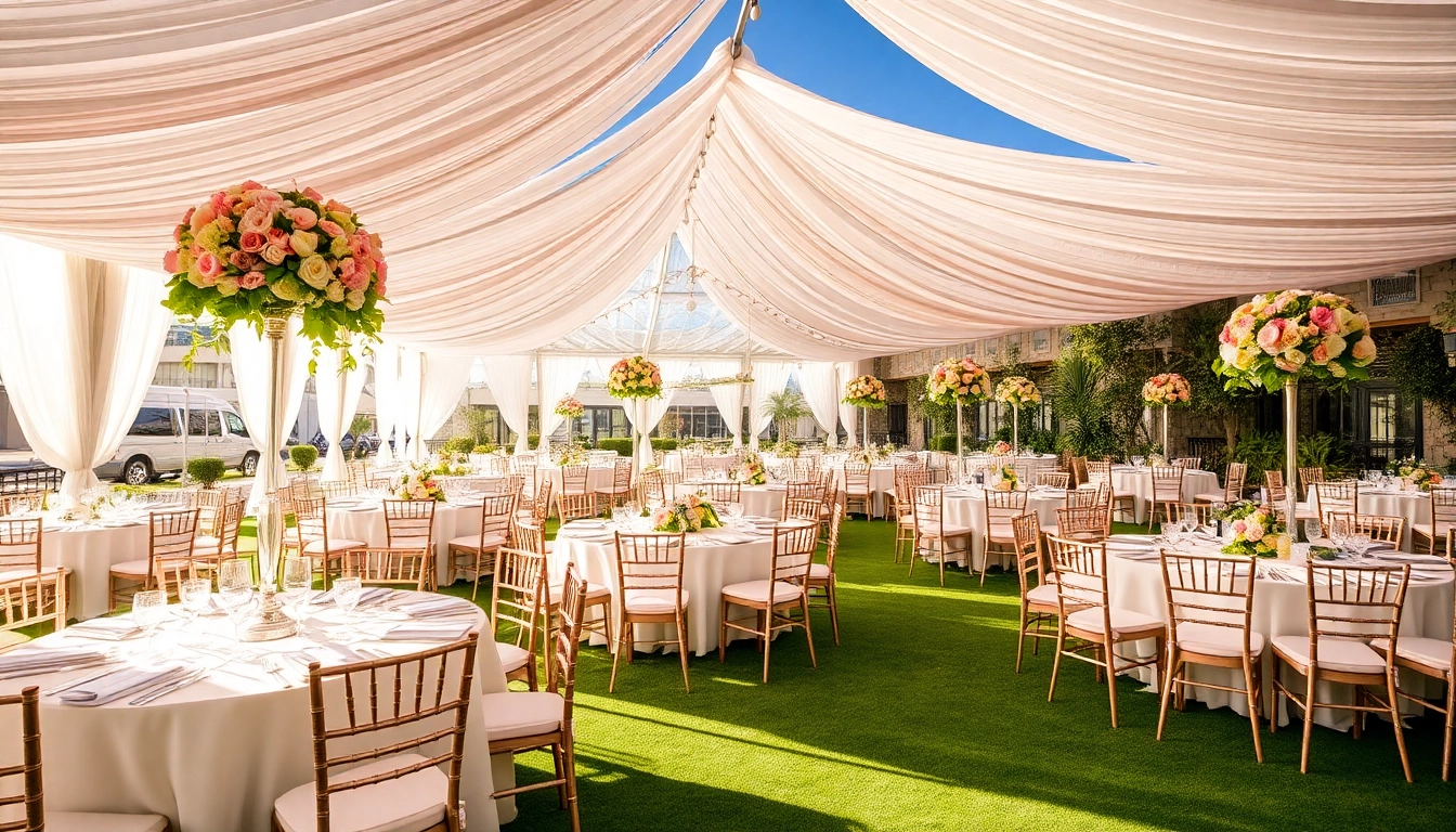 Stunning outdoor event showcasing Event Rentals Las Vegas with elegant setup, floral decorations, and bright atmosphere.