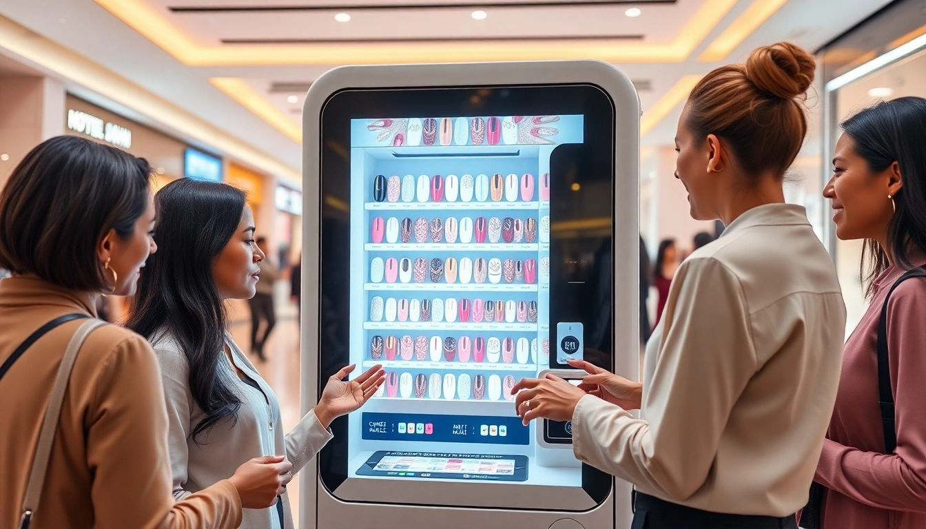 Nail vending machine displaying vibrant press-on nail designs in a modern mall setting, inviting customer interaction.