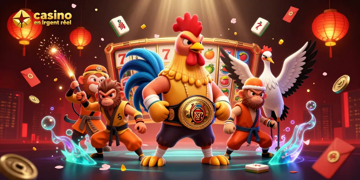 Plongez dans l'univers du casino en ligne argent réel avec un combat dynamique entre un coq Muay Thai et des maîtres martiaux, entourés de symboles de gains.