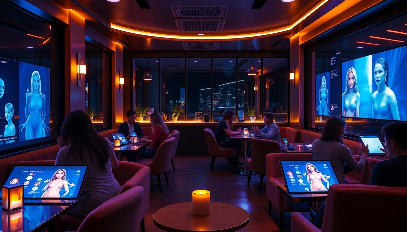 Engaging scene depicting patrons interacting with NSFW character AI avatars in a futuristic café setting.
