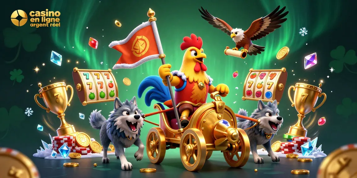 Jouez à des jeux de casino en ligne argent réel avec un roi-coq et des éléments glamour.