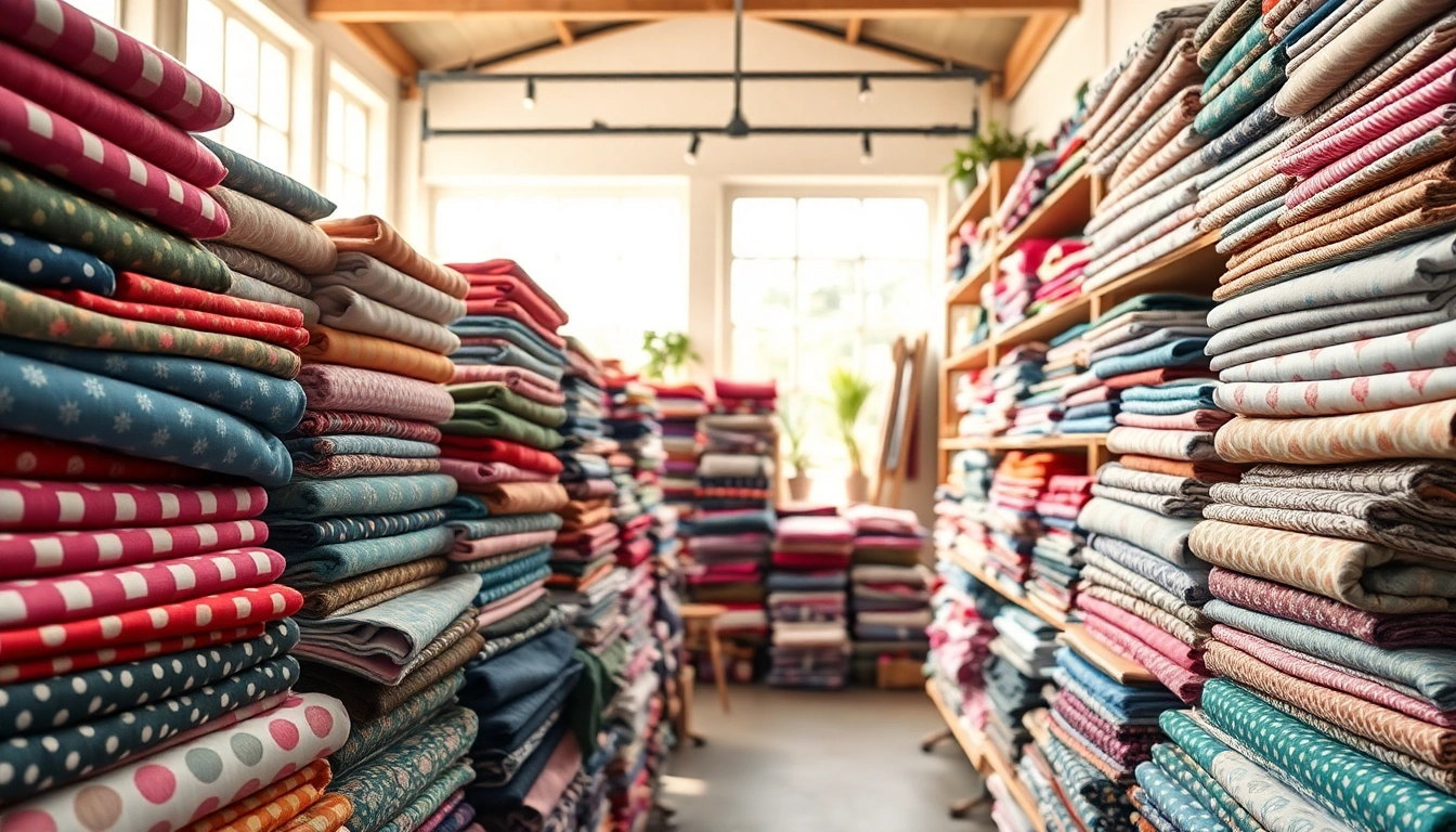 Katoen stoffen assortiment met levendige patronen en kleuren, perfect uitgestald in een gezellige workshop.