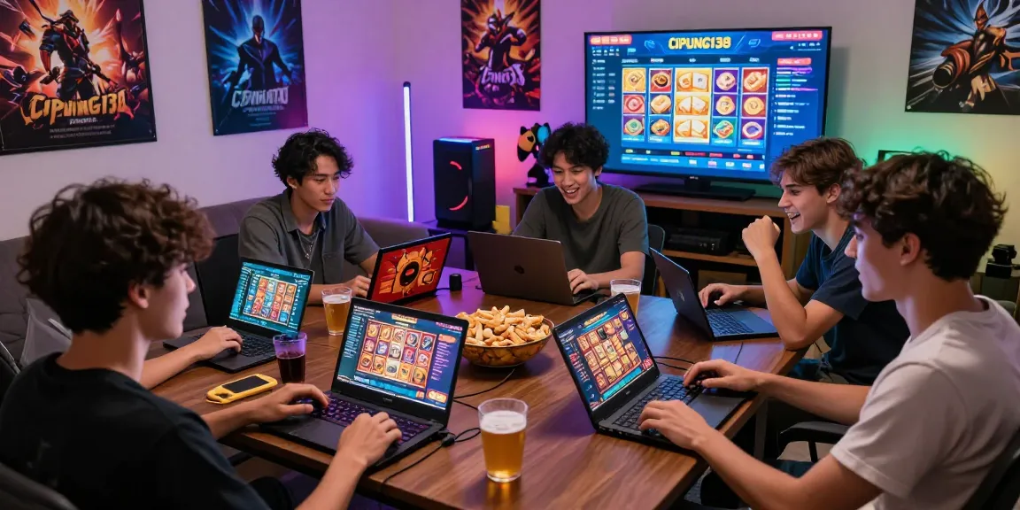 Cuplikan suasana bermain di CIPUNG138 dengan teman-teman menikmati slot online di ruang tamu yang nyaman.