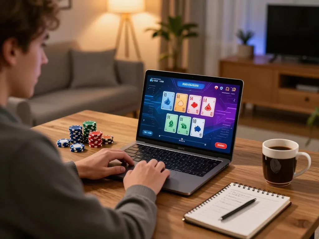 Playing poker online at home with 888top com on the screen, showcasing strategies and excitement.