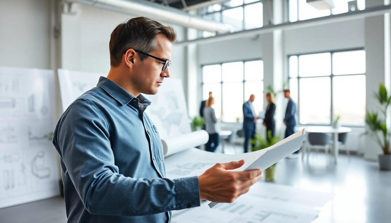 Engineer reviewing plans for das 142 project in a modern workspace with bright lighting.