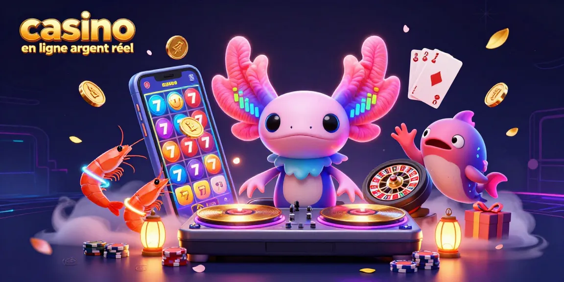 Illustration dynamique avec un axolotl DJ et des éléments de casino en ligne argent réel.
