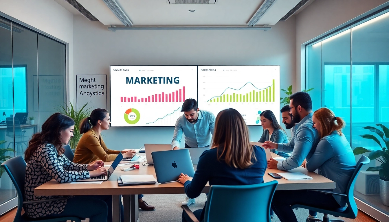 Collaborative digital marketing company team analyzing data in a modern workspace.