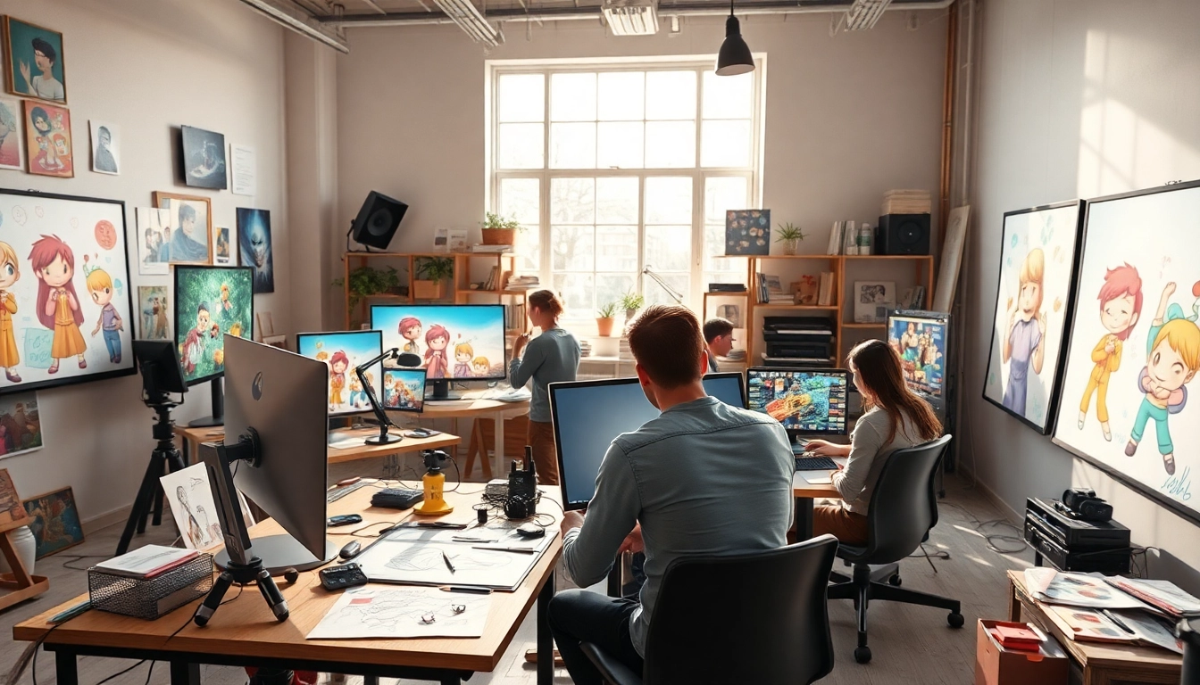 Animation Studio Berlin vibrant workspace with collaborative animators creating designs