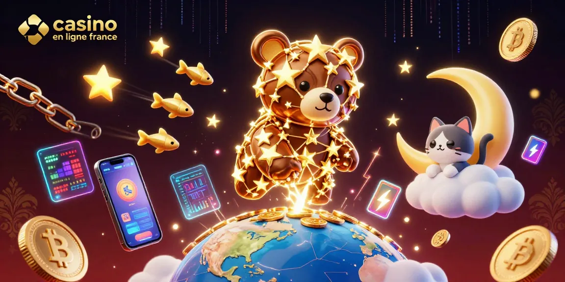 Illustration dynamique de casino en ligne France avec un ours constellation et des pièces de crypto-monnaie.