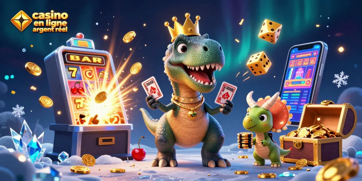 Découvrez un T-Rex jouant aux cartes dans un casino en ligne argent réel, entouré de jetons dorés et de machines à sous.