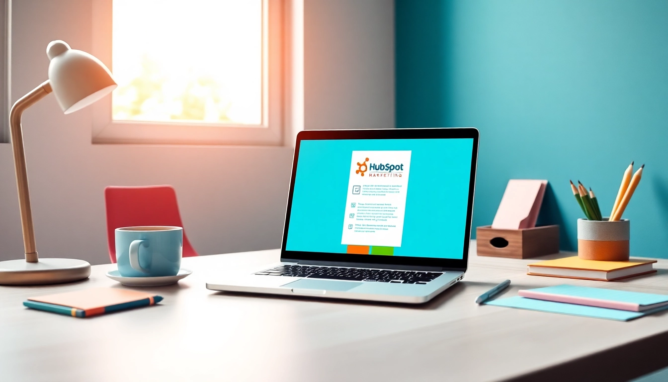 Design a HubSpot marketing email on a stylish desk with inviting elements.