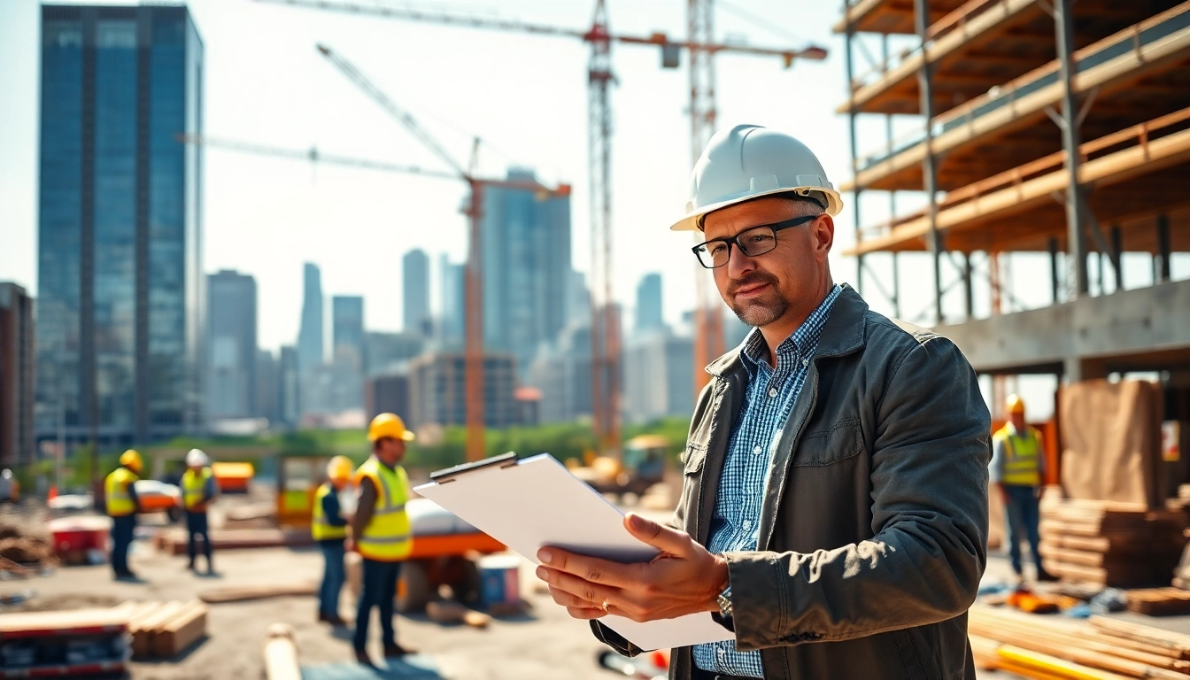New Jersey construction manager overseeing a busy construction site with vibrant activity.