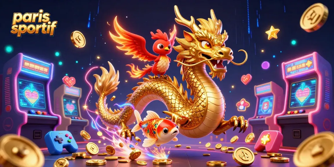 Paris sportif : Dragon doré, phénix et poisson koi entourés de machines à sous et de pièces d'or.