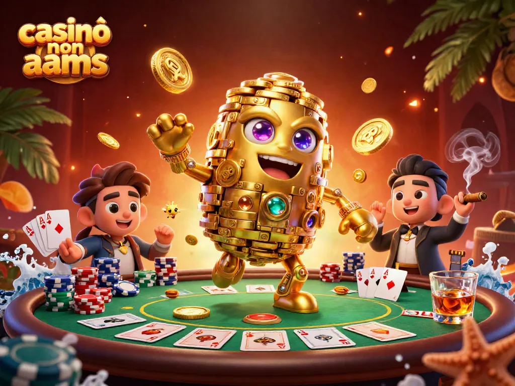 Esplora il casinò non aams con il golem d'oro e un tavolo da poker ricco di dettagli.