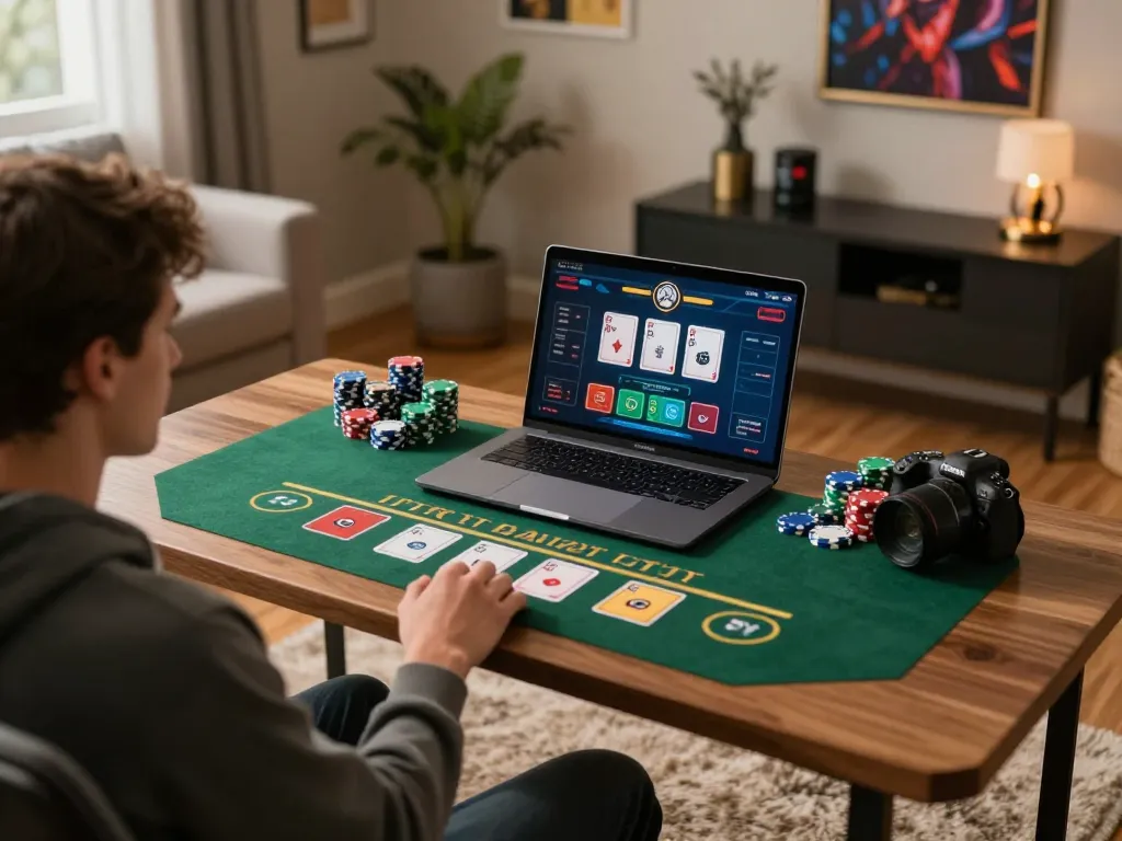 Engaging in a strategic online blackjack game with c168 on a cozy home setup, highlighting a well-organized gaming space.