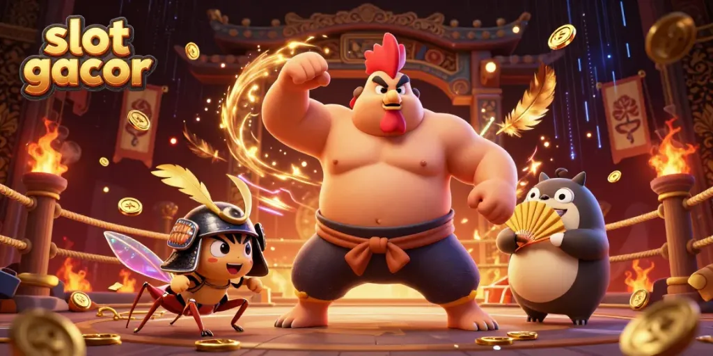 Spin to win with "slot gacor" in a vibrant 3D illustration blending gaming elements and action.
