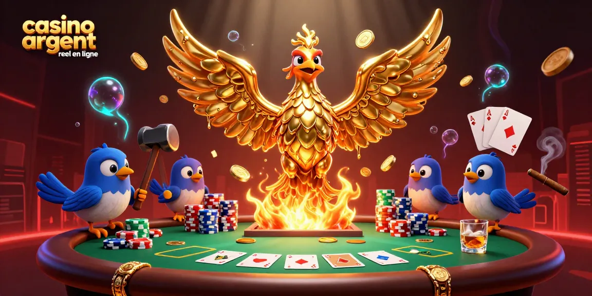 Jeu de casino argent réel en ligne avec un phénix doré émergeant d'une forge, symbole de gains.
