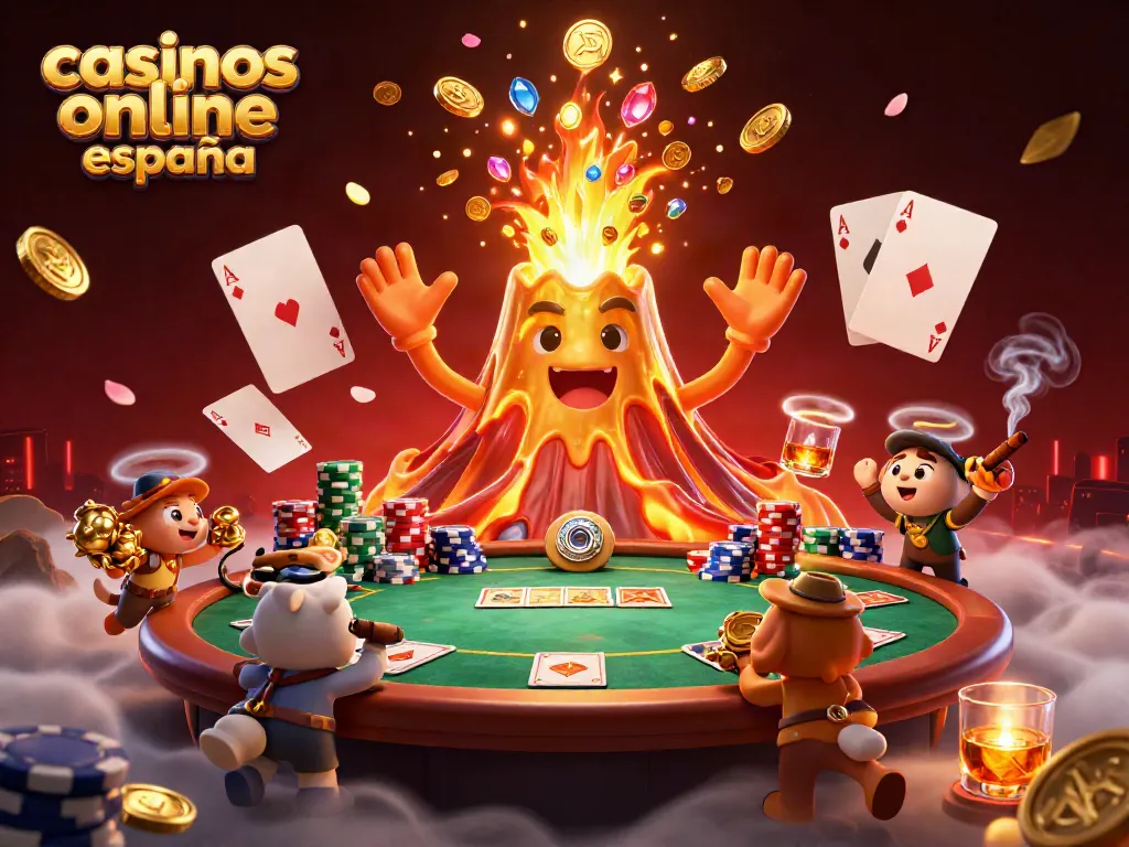 Ilustración 3D que representa casinos online España con volcanes dorados y tesoros de juego.