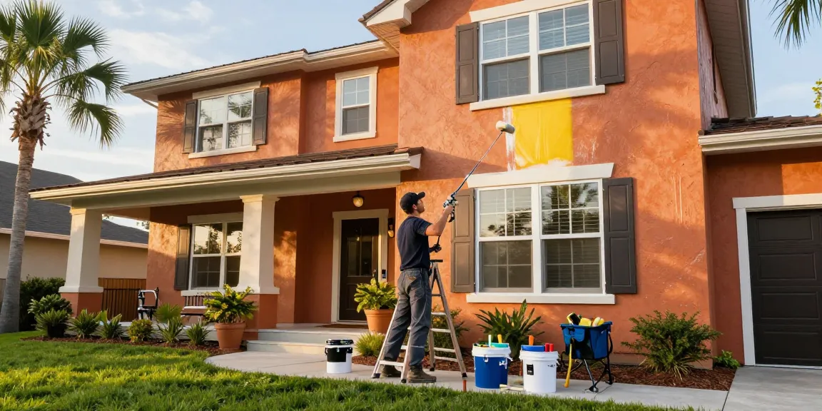 Exterior painters Sarasota County FL applying vibrant stucco paint to a two-story home