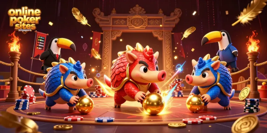 Engaging poker match among rival pangolins at online poker sites Singapore, showcasing fun gameplay.