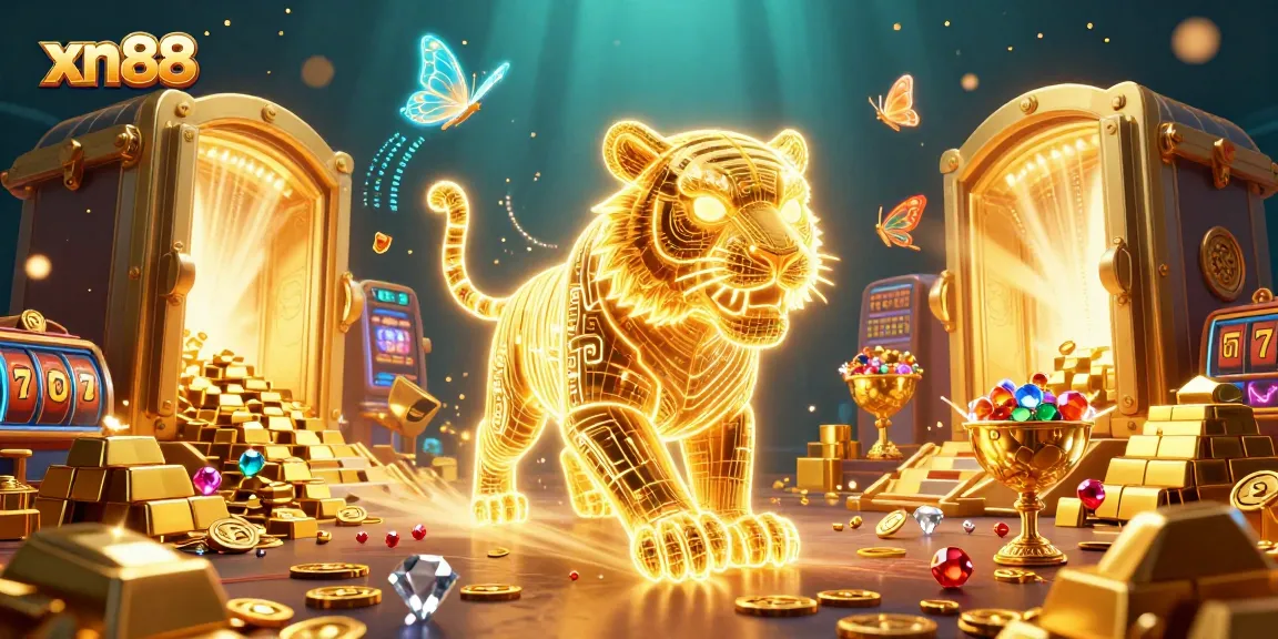 Experience thrilling gameplay at xn88 with a dazzling tiger and slot reels in a vibrant casino setting.