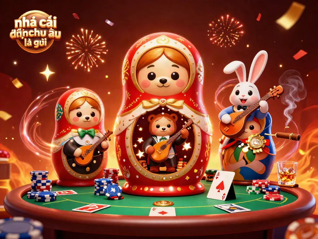 Nhà cái đến từ châu âu là gì: Hình ảnh 3D các nhân vật casino đang chơi bài trong không gian rực rỡ.