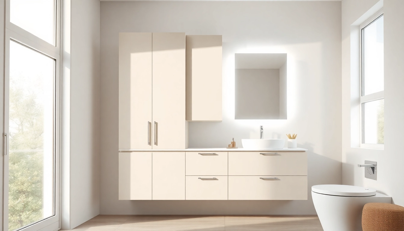 Stylish bathroom cabinet with mirror and light enhancing modern bathroom aesthetics.