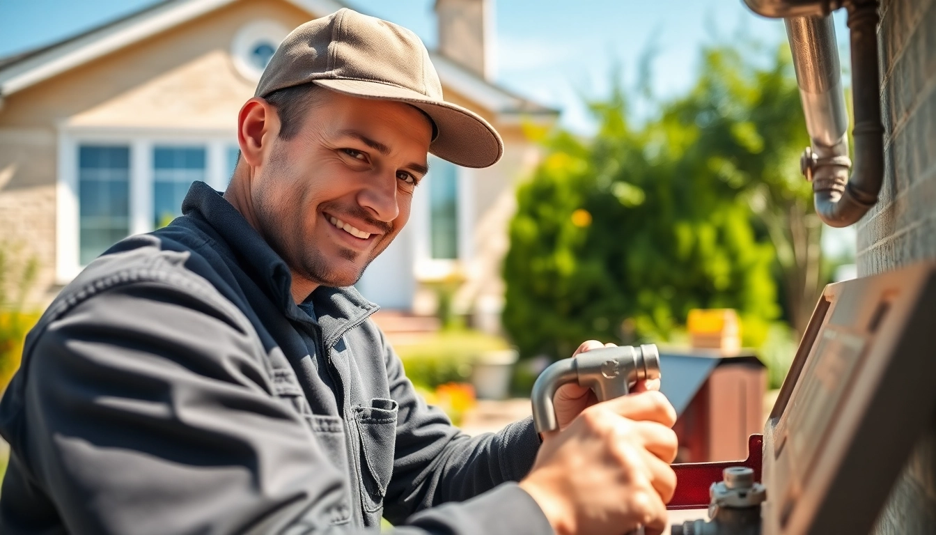 Find a trusted plumber near me inspecting pipes in a friendly garden setting.