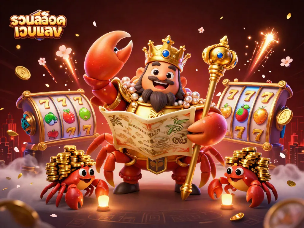 Engage with the dynamic scene featuring the golden crab emperor amidst vibrant slot reels while emphasizing รวมสล็อตเว็บตรง's grandeur.