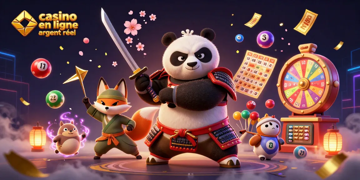 Jouer au casino en ligne argent réel avec un panda samouraï et un renard ninja dans une scène animée.