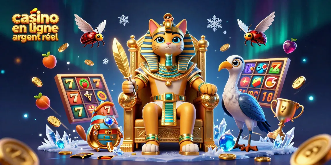 Jouer sur un casino en ligne argent réel avec un chat pharaon égyptien entouré de symboles de casino animés.