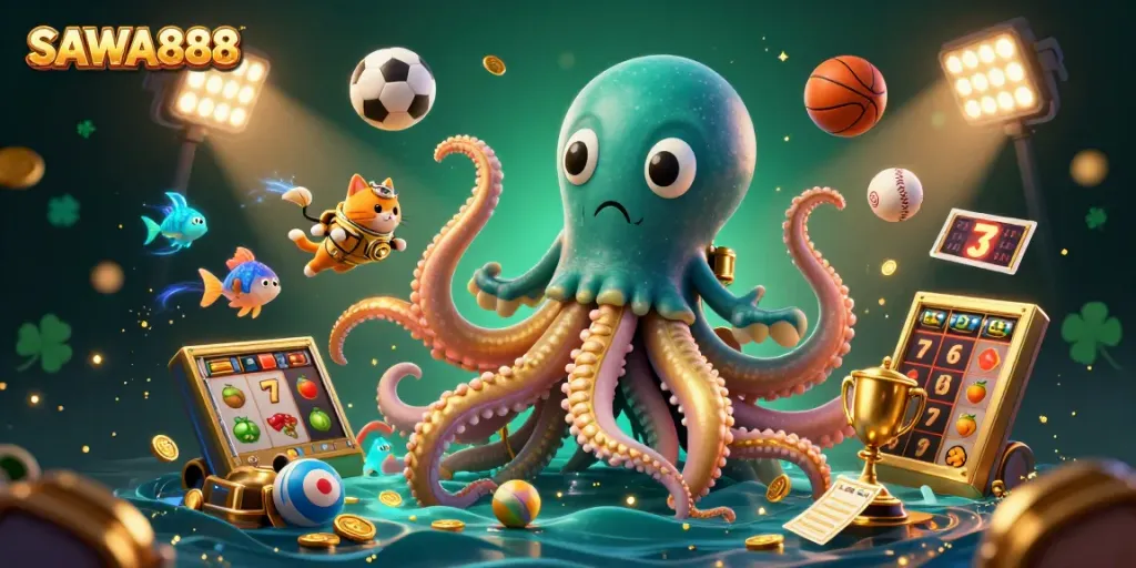 Engage with SAWA888's thrilling slots, as the kraken and diving cat unveil treasure-filled adventures!