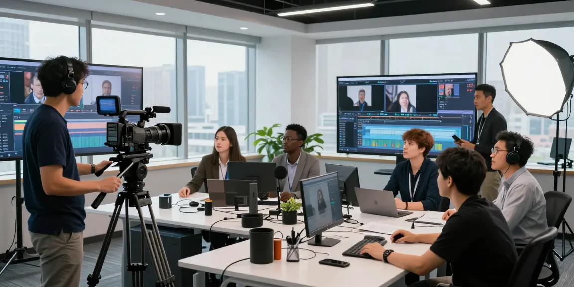 Corporate Video Production team collaborating in a bright studio with cameras and editing screens