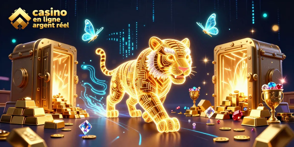 Explorez le monde du casino en ligne argent réel avec un tigre en néon et des trésors scintillants.