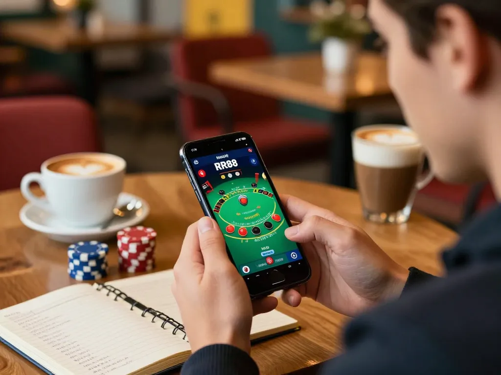 Engaging with the RR88 App for live blackjack at a café, showcasing mobile gambling experience.