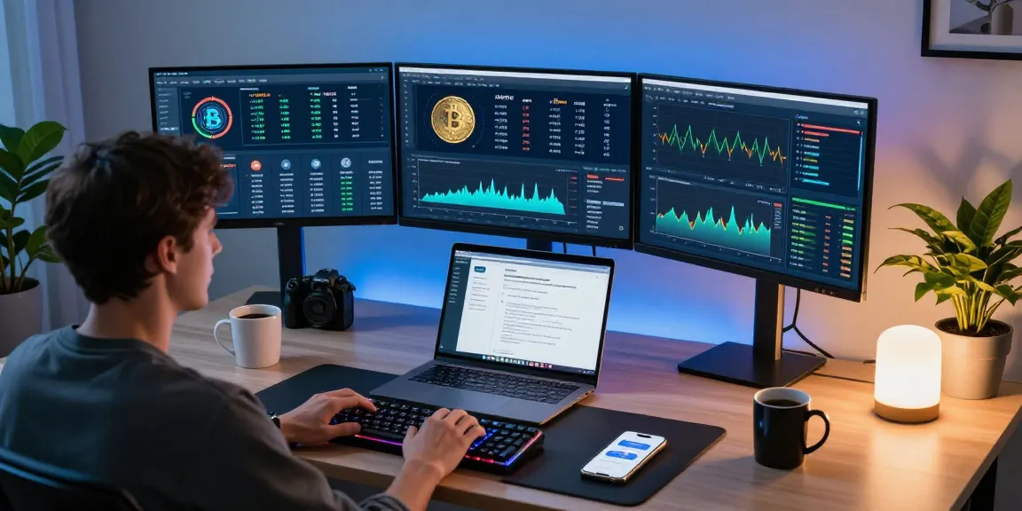 bitcoin mining online in a modern home office with cryptocurrency dashboards and security tools