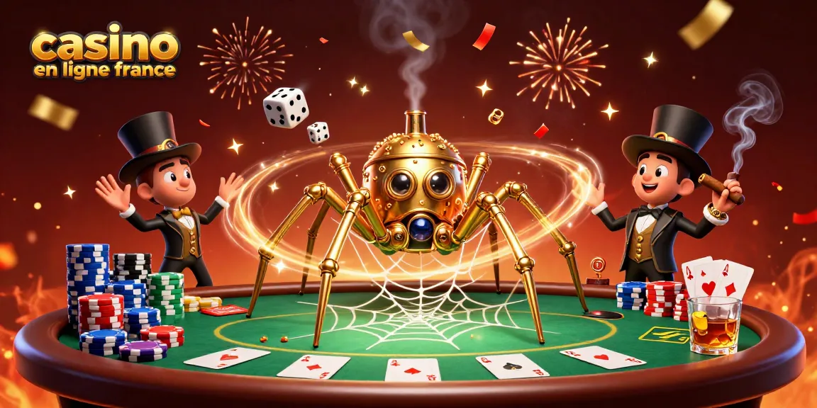 Jouez au casino en ligne France avec cette illustration fascinante d'une araignée dorée et un homme volant, entourés de jeux de table.