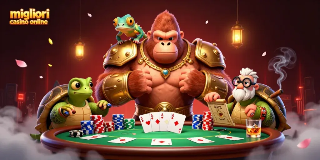 Gorilla e compagni esplorano i migliori casinò online con avvincenti tavoli da poker.