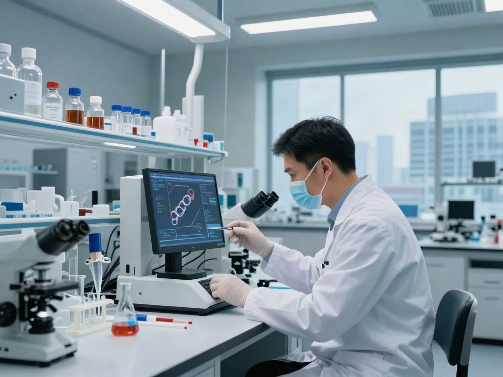 CJC-1295 research peptides analysis in a modern laboratory setting, showcasing a scientist using high-tech equipment and glass vials.