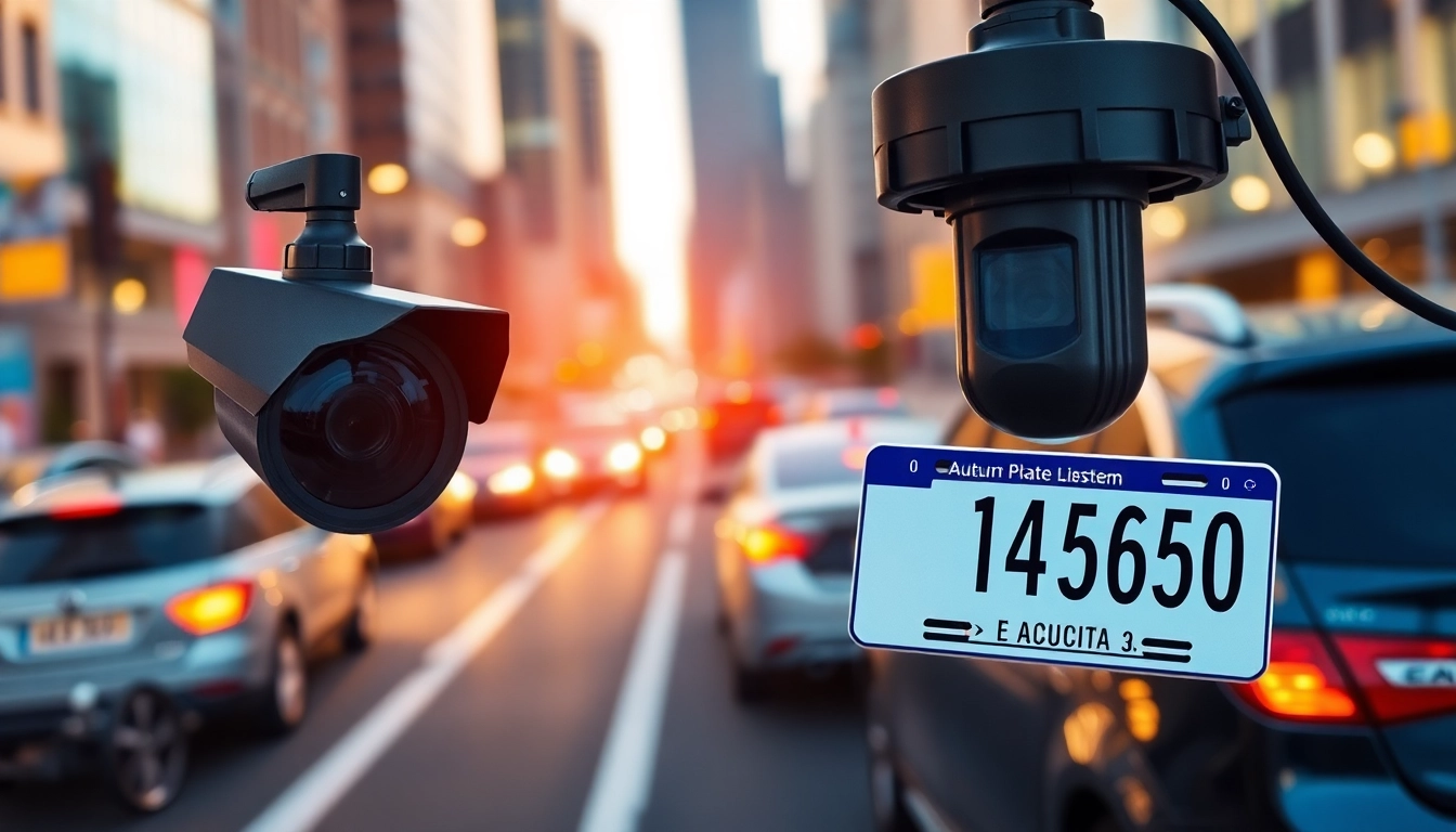 Automatic license plate recognition system captures vehicle data in a busy urban environment.