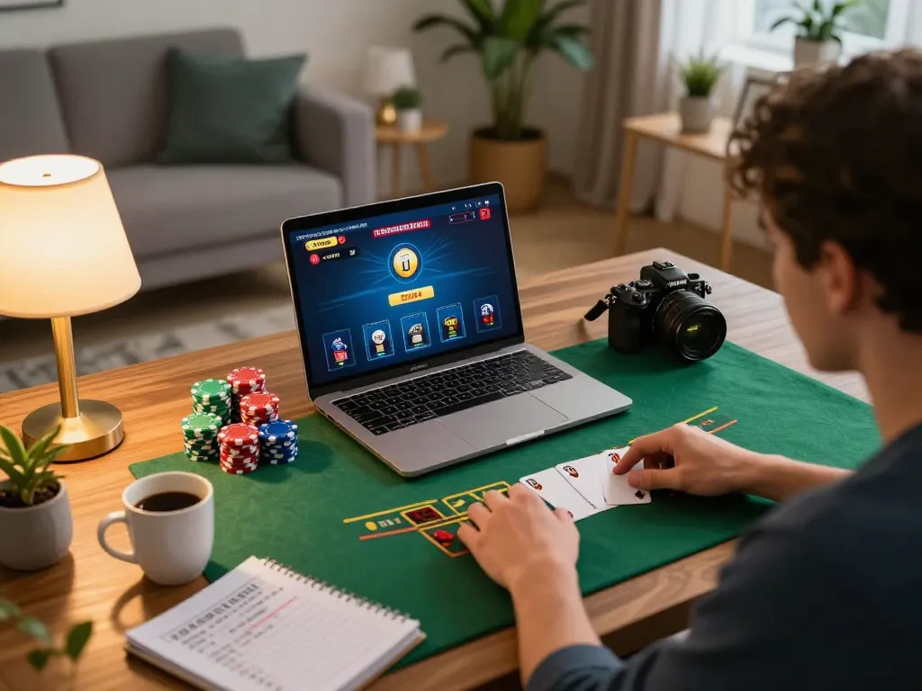 Engaging in a live blackjack game on tg88, showcasing a focused player at home with strategic notes.