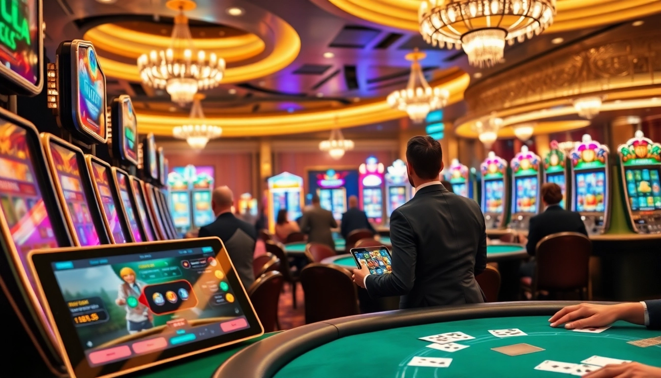 Experience thrilling idnslot gaming in a luxurious casino setting with vibrant slot machines and engaging players.