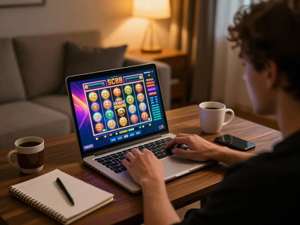 Engaging in SC88 online gaming with colorful slot interface on laptop