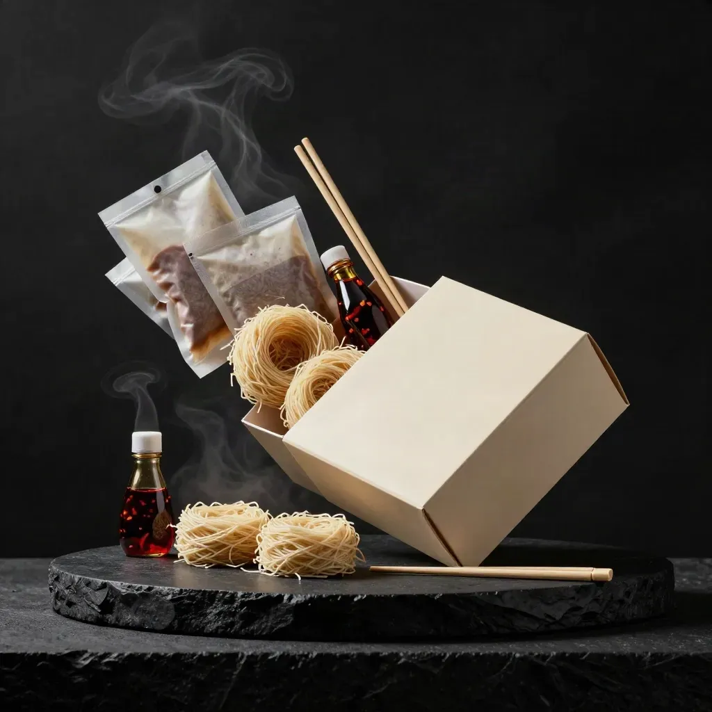 Open noodle box with noodles, broth pouches, chili oil and chopsticks on a dark studio surface.