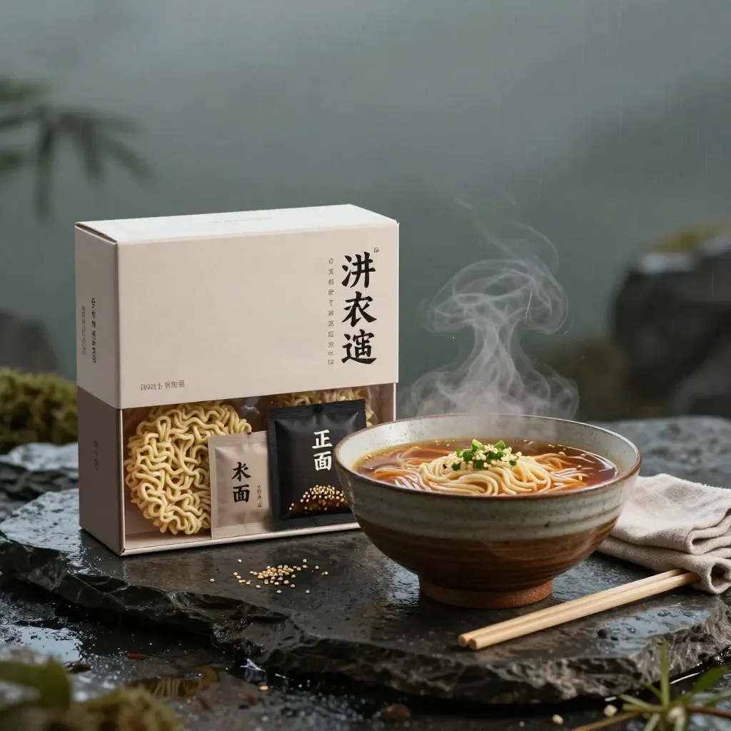 Ramen starter kit with steam, bowl, chopsticks, and sachets on a rain-dark stone surface.