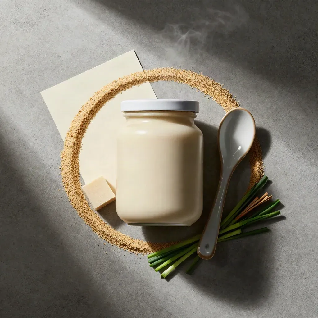 Overhead flatlay of miso soup base jar with dashi cube, scallions, spoon and powder ring