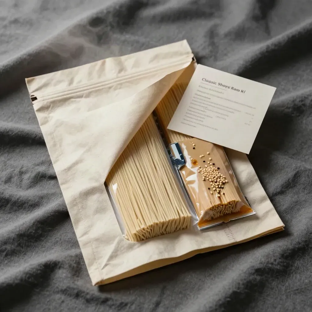 Overhead ramen kit in cream linen with noodle bricks, broth packet, and sesame sachets.