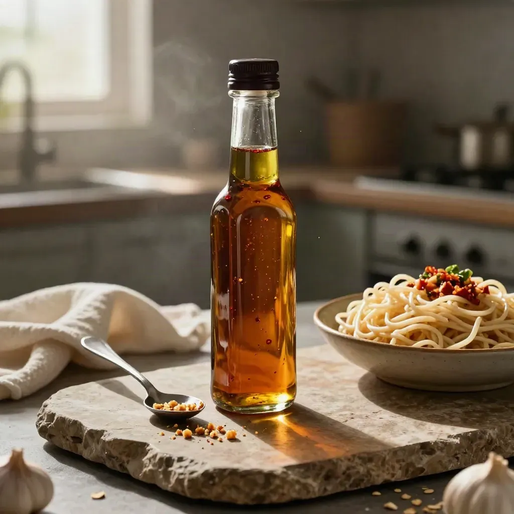 Chili garlic oil bottle, spoon, and noodles on warm stone with garlic crumbs and steam.